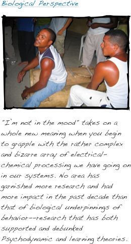 
Biological Perspective￼
"I’m not in the mood" takes on a whole new meaning when you begin to grapple with the rather complex and bizarre array of electrical-chemical processing we have going on in our systems. No area has garnished more research and had more impact in the past decade than that of biological underpinnings of behavior--research that has both supported and debunked Psychodynamic and learning theories.
